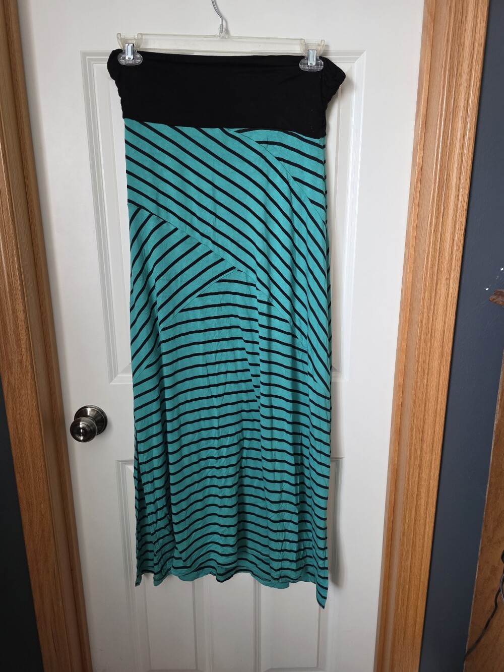 Vanity Black & Teal Striped Maxi Skirt - Comfortable Fold-Over Waist